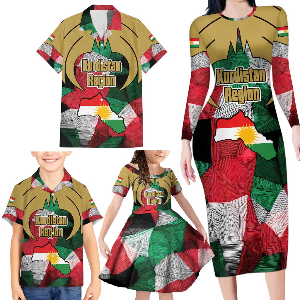 Kurdistan Region Iraq Family Matching Long Sleeve Bodycon Dress and Hawaiian Shirt Eagle Emblem Red Green Black - Wonder Print Shop