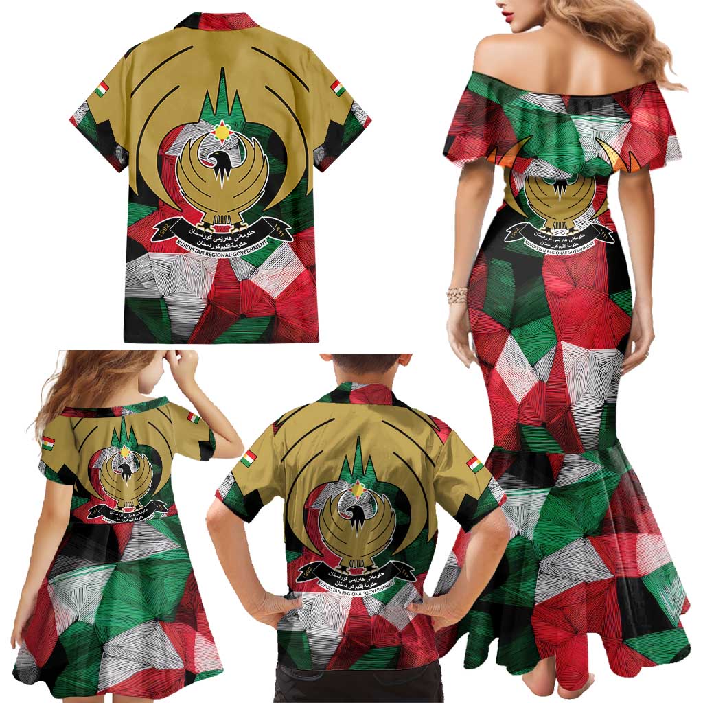 Kurdistan Region Iraq Family Matching Mermaid Dress and Hawaiian Shirt Eagle Emblem Red Green Black - Wonder Print Shop