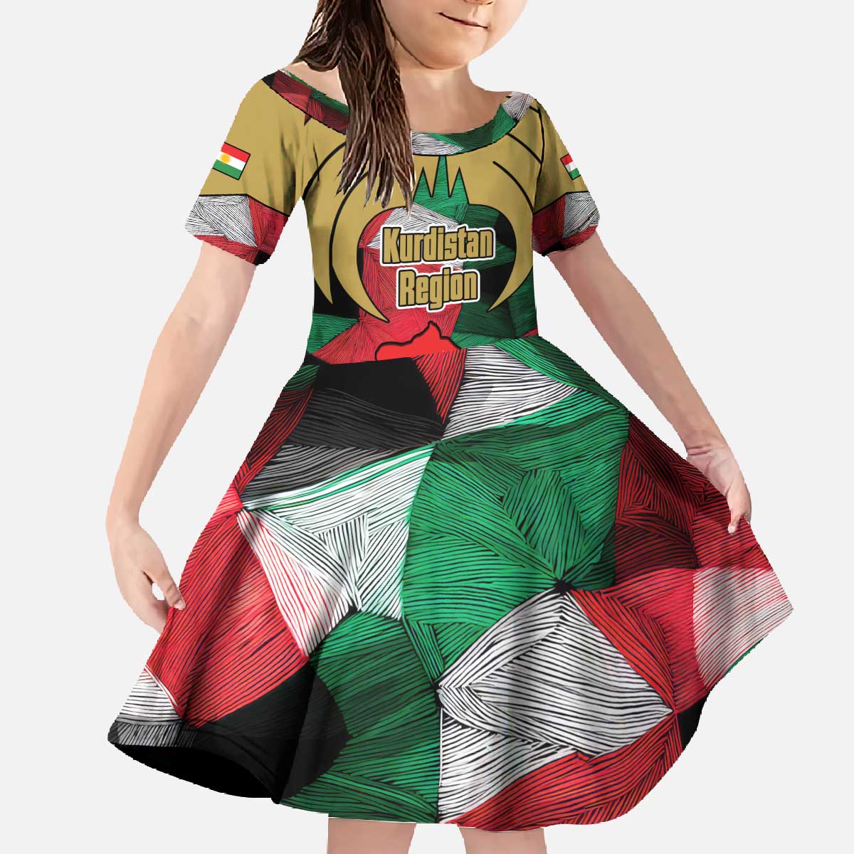 Kurdistan Region Iraq Family Matching Off The Shoulder Long Sleeve Dress and Hawaiian Shirt Eagle Emblem Red Green Black - Wonder Print Shop