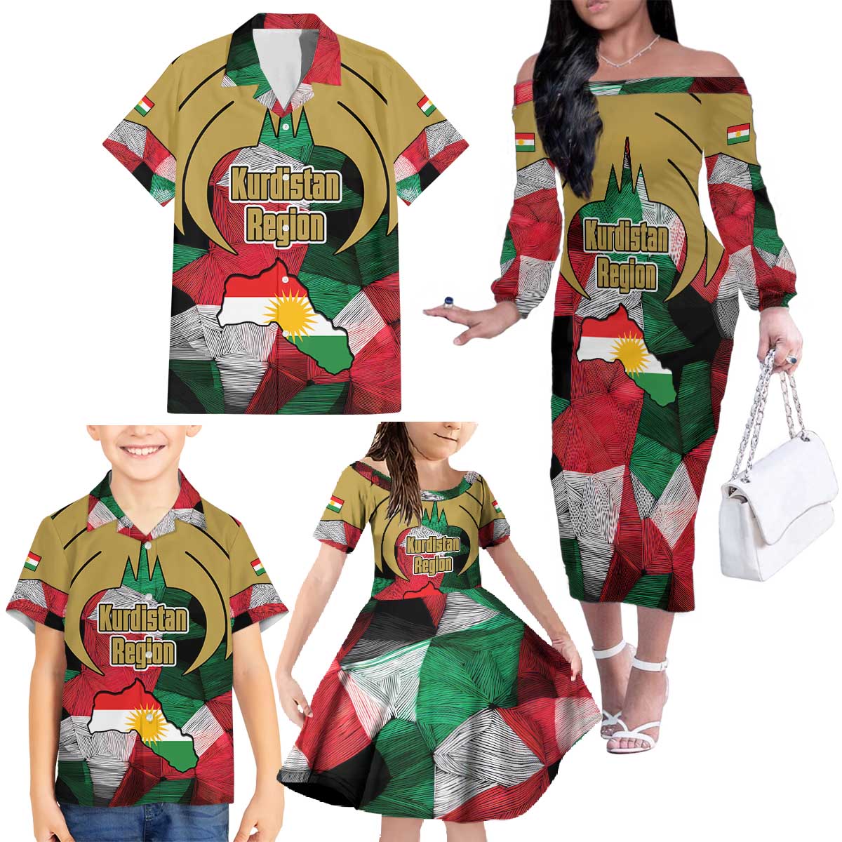 Kurdistan Region Iraq Family Matching Off The Shoulder Long Sleeve Dress and Hawaiian Shirt Eagle Emblem Red Green Black - Wonder Print Shop