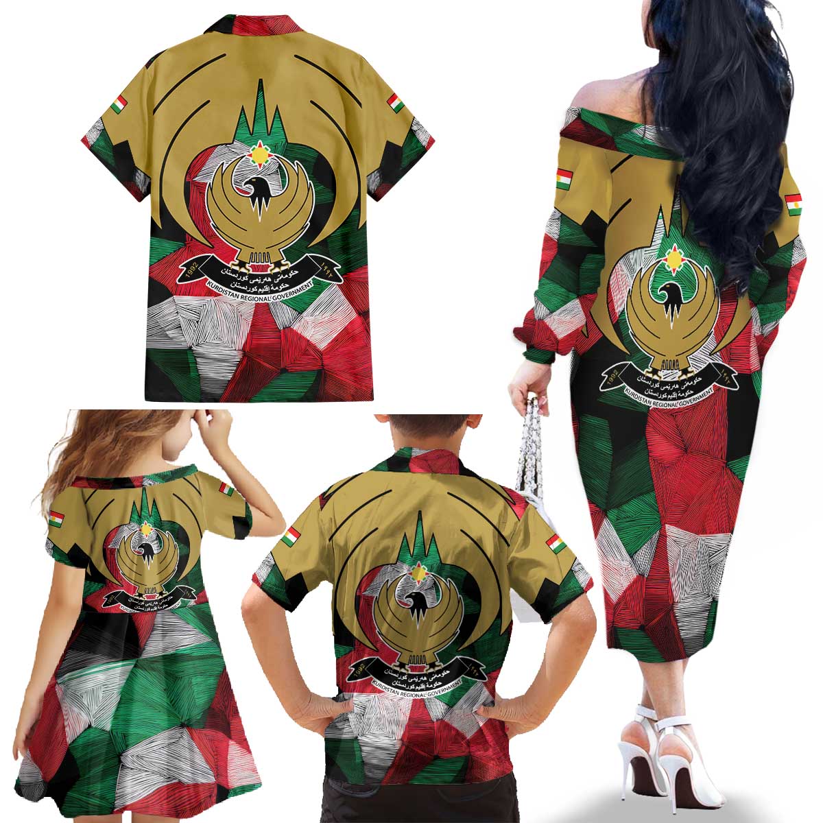 Kurdistan Region Iraq Family Matching Off The Shoulder Long Sleeve Dress and Hawaiian Shirt Eagle Emblem Red Green Black - Wonder Print Shop