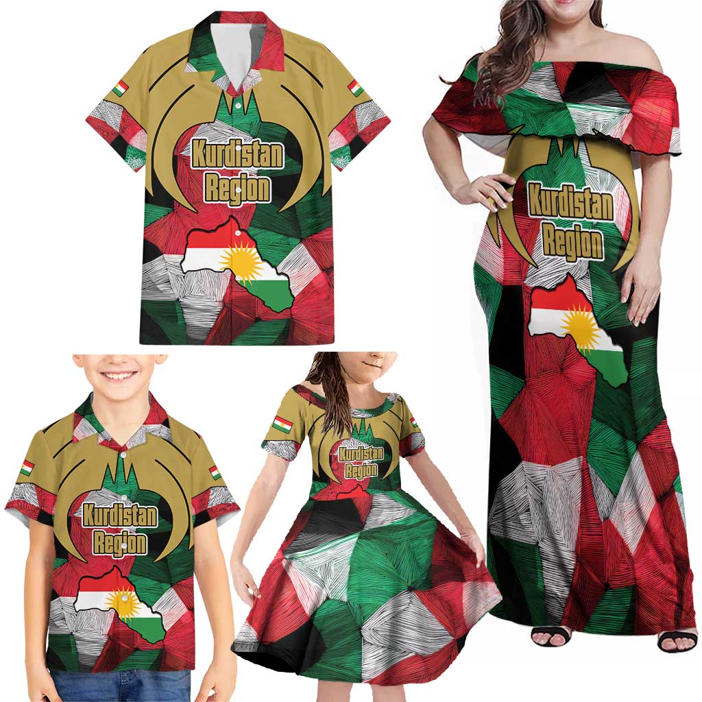 Kurdistan Region Iraq Family Matching Off Shoulder Maxi Dress and Hawaiian Shirt Eagle Emblem Red Green Black - Wonder Print Shop
