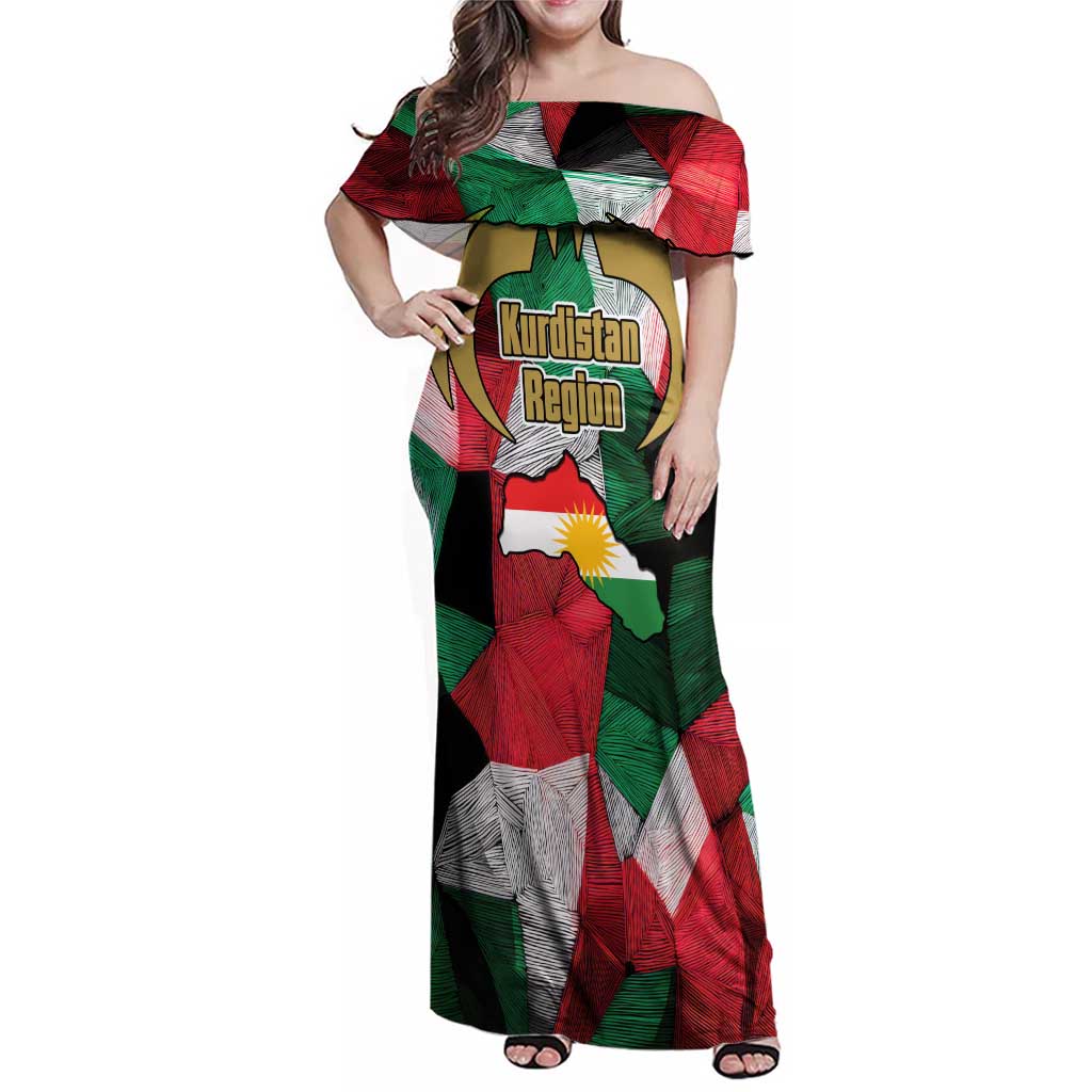 Kurdistan Region Iraq Family Matching Off Shoulder Maxi Dress and Hawaiian Shirt Eagle Emblem Red Green Black - Wonder Print Shop