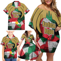 Kurdistan Region Iraq Family Matching Off Shoulder Short Dress and Hawaiian Shirt Eagle Emblem Red Green Black - Wonder Print Shop