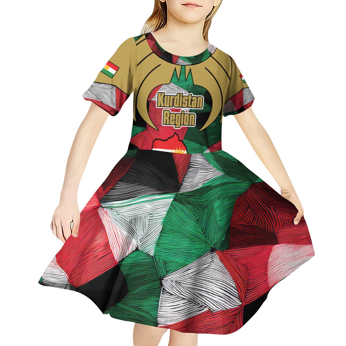 Kurdistan Region Iraq Kid Short Sleeve Dress Eagle Emblem Red Green Black - Wonder Print Shop