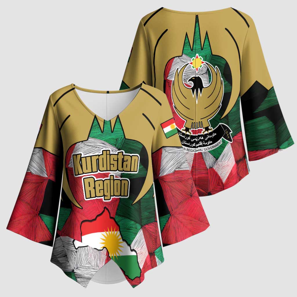 Kurdistan Region Iraq Kimono Sleeve Blouse Eagle Emblem Red Green Black - Wonder Print Shop