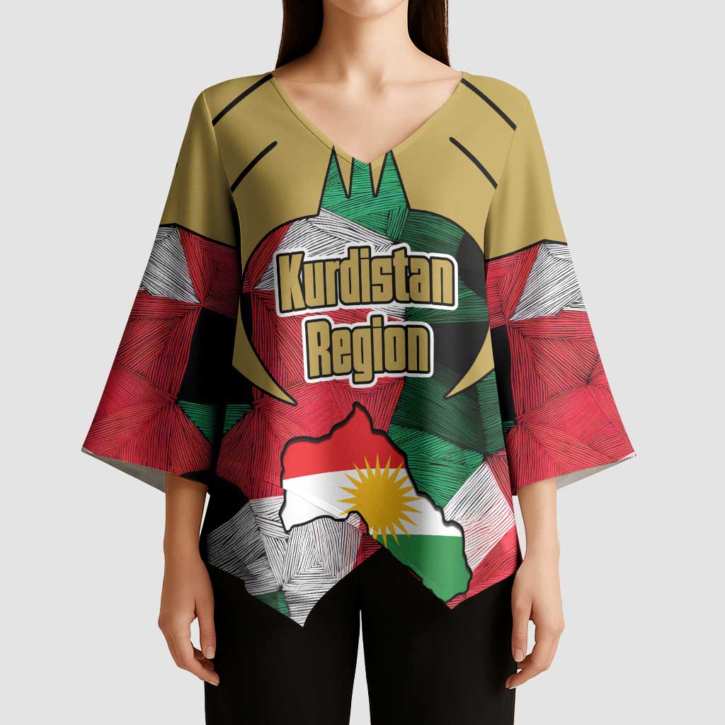 Kurdistan Region Iraq Kimono Sleeve Blouse Eagle Emblem Red Green Black - Wonder Print Shop