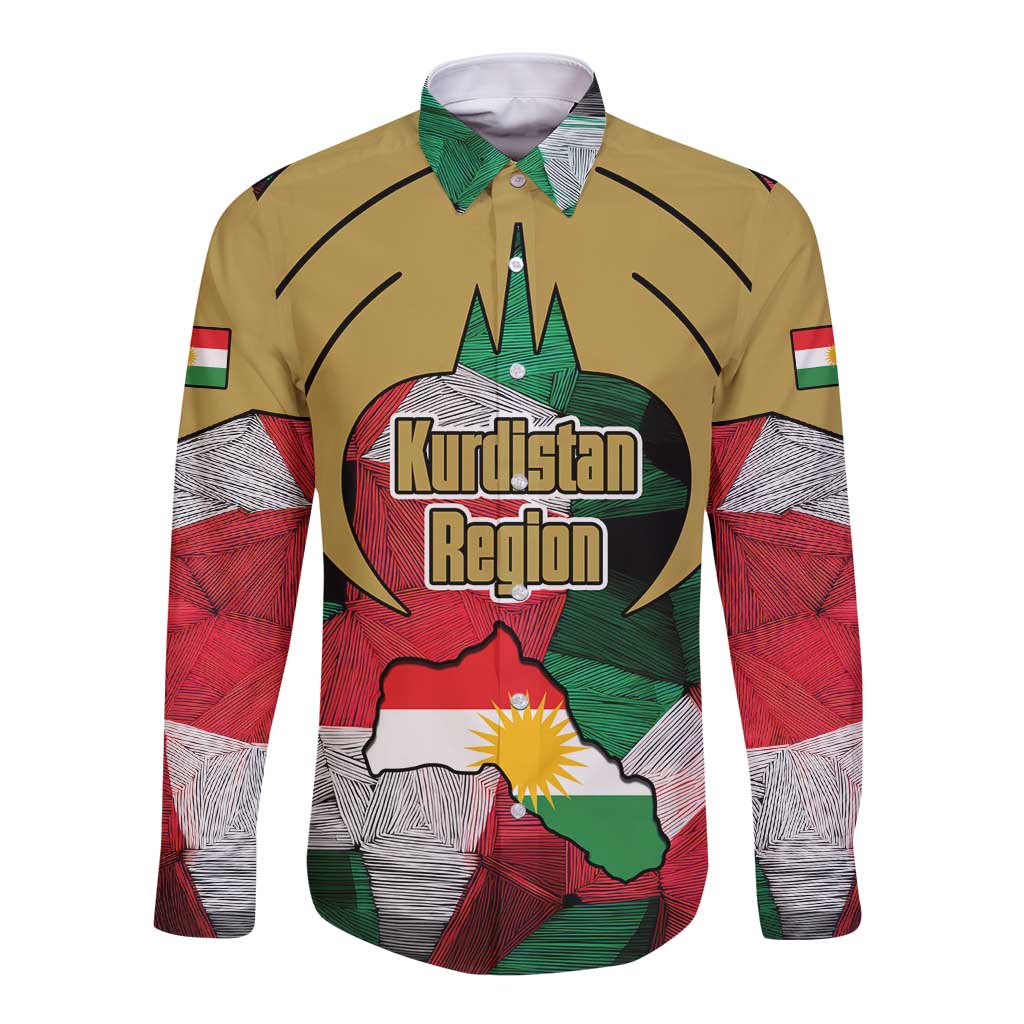 Kurdistan Region Iraq Long Sleeve Button Shirt Eagle Emblem Red Green Black - Wonder Print Shop