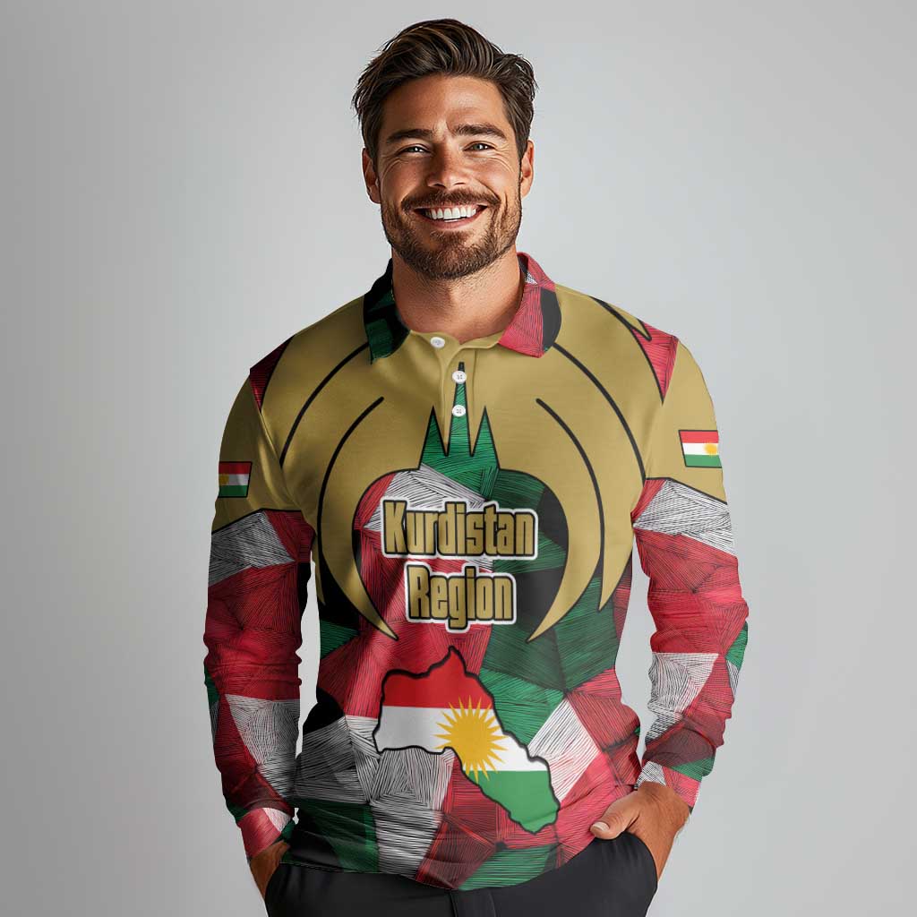 Kurdistan Region Iraq Long Sleeve Polo Shirt Eagle Emblem Red Green Black - Wonder Print Shop