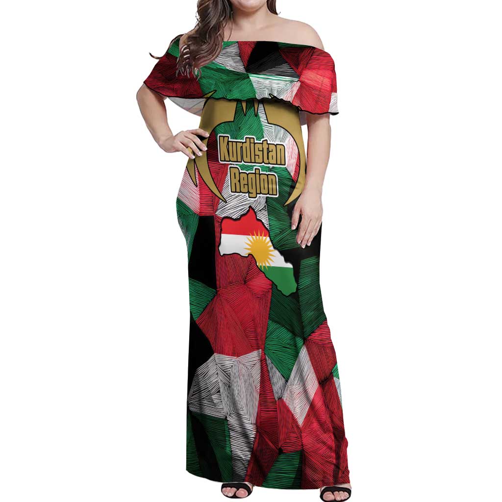 Kurdistan Region Iraq Off Shoulder Maxi Dress Eagle Emblem Red Green Black - Wonder Print Shop