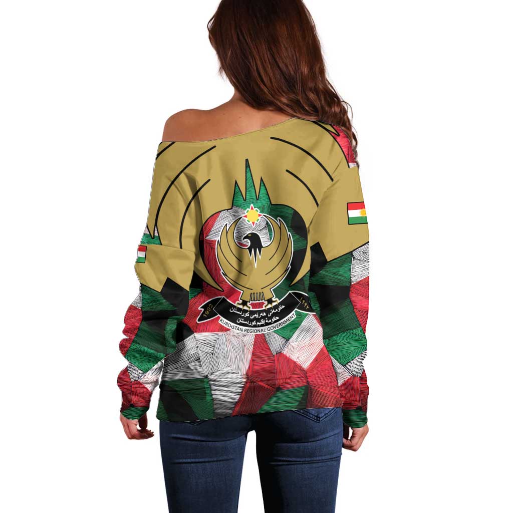 Kurdistan Region Iraq Off Shoulder Sweater Eagle Emblem Red Green Black - Wonder Print Shop