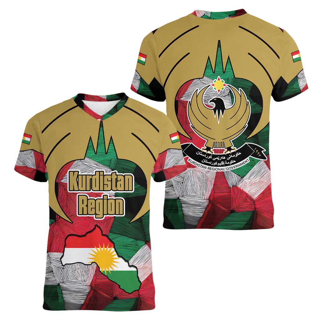 Kurdistan Region Iraq Women V-Neck T-Shirt Eagle Emblem Red Green Black - Wonder Print Shop