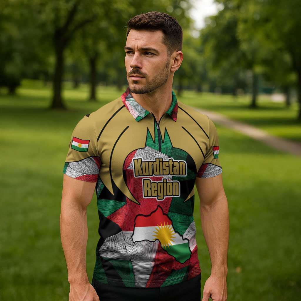 Kurdistan Region Iraq Zipper Polo Shirt Eagle Emblem Red Green Black - Wonder Print Shop