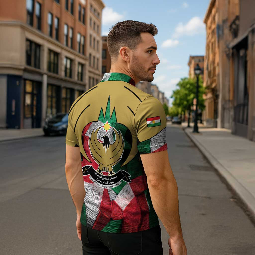 Kurdistan Region Iraq Zipper Polo Shirt Eagle Emblem Red Green Black - Wonder Print Shop