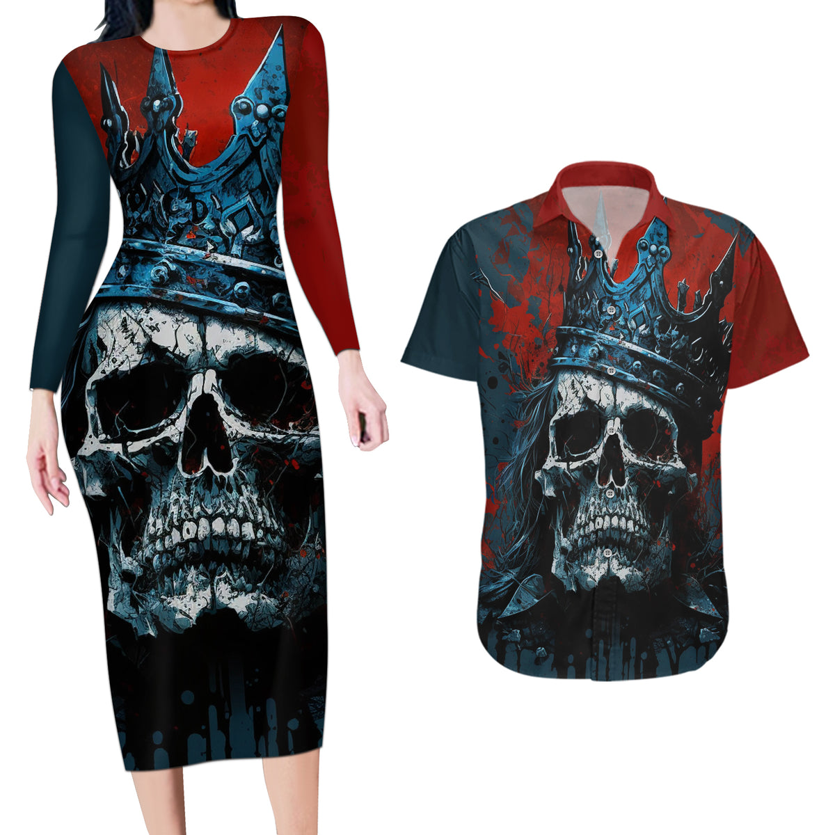 Skull King Couples Matching Long Sleeve Bodycon Dress and Hawaiian Shirt The Time Is Always Right To Do What Is Right - Wonder Print Shop
