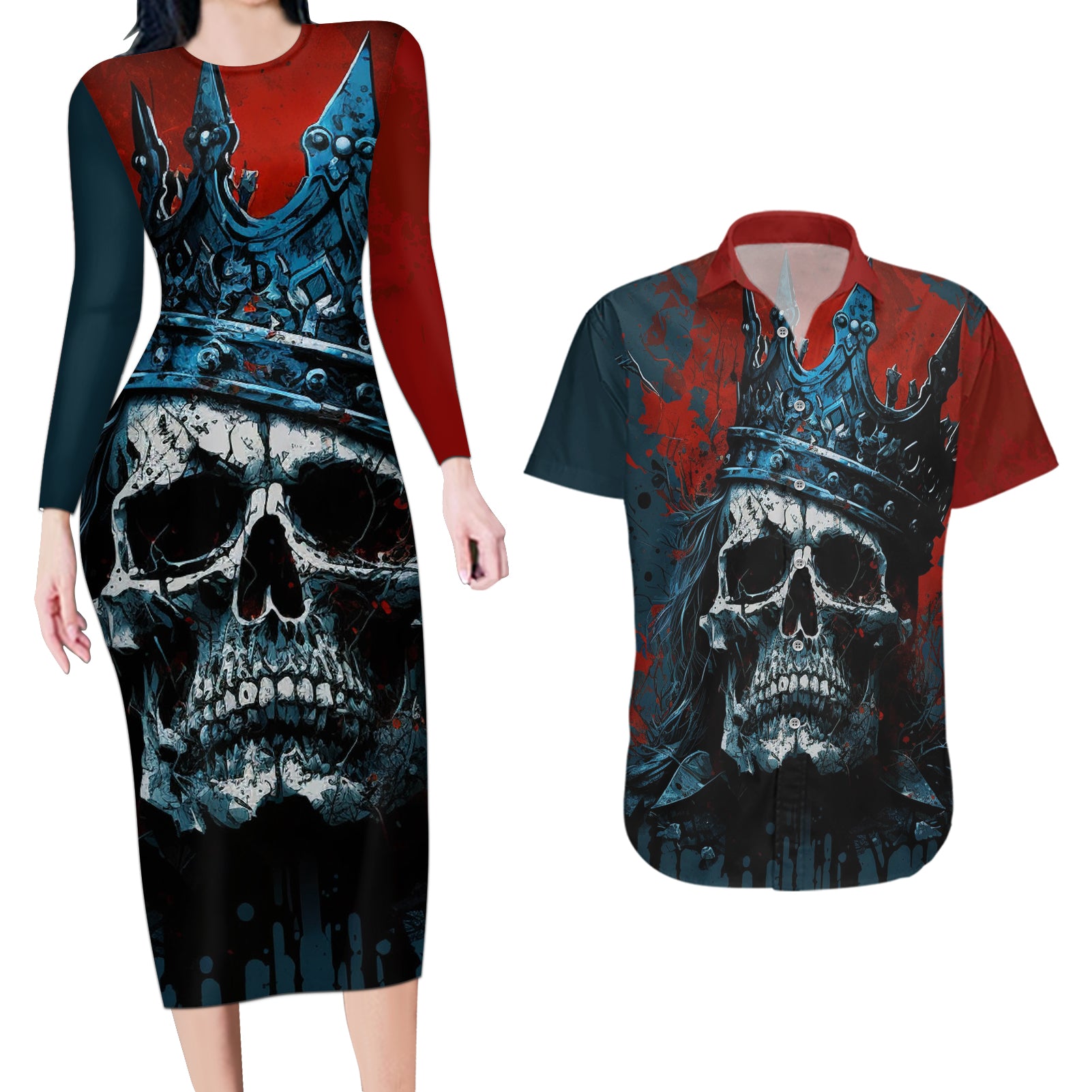 Skull King Couples Matching Long Sleeve Bodycon Dress and Hawaiian Shirt The Time Is Always Right To Do What Is Right - Wonder Print Shop