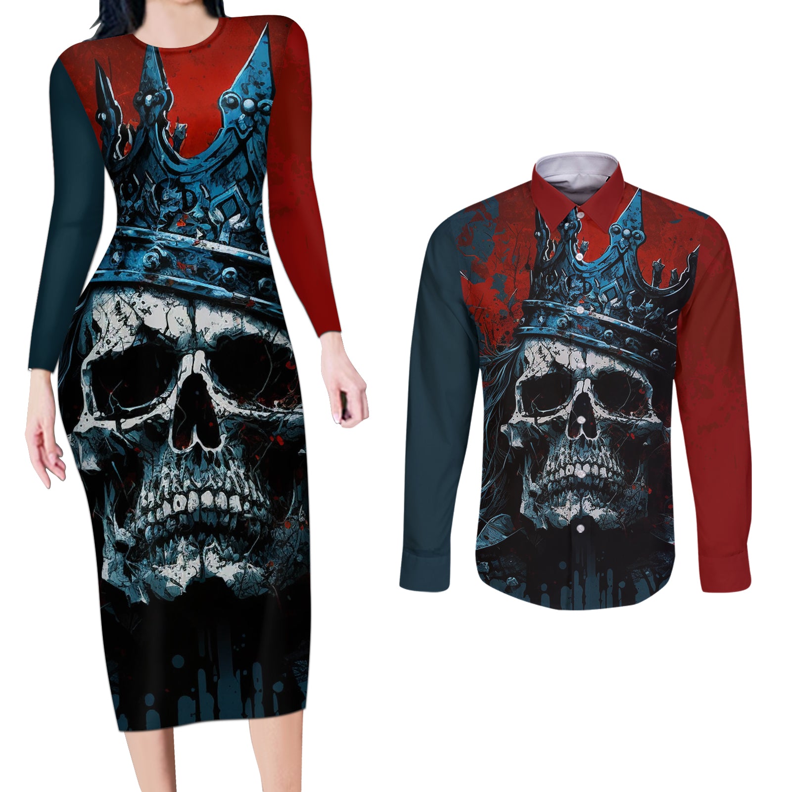 Skull King Couples Matching Long Sleeve Bodycon Dress and Long Sleeve Button Shirts The Time Is Always Right To Do What Is Right - Wonder Print Shop