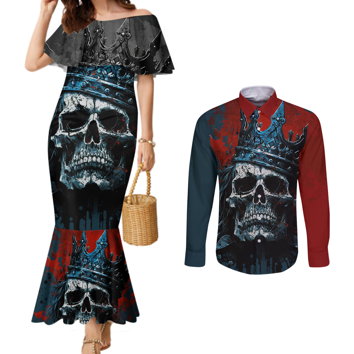 skull-king-couples-matching-mermaid-dress-and-long-sleeve-button-shirts-the-time-is-always-right-to-do-what-is-right