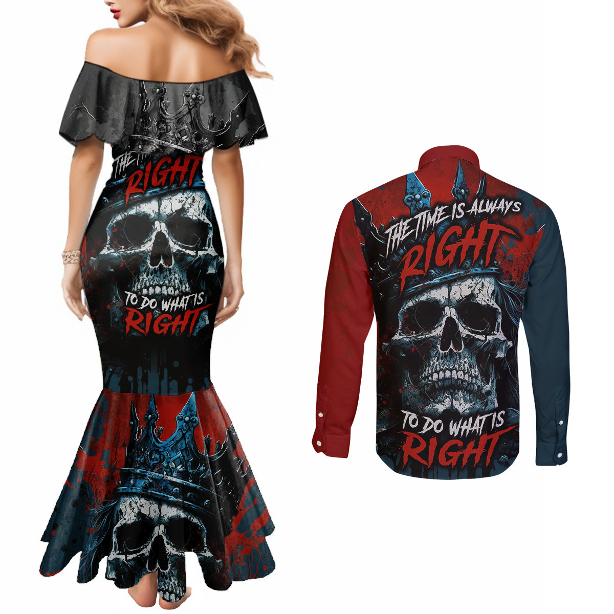 skull-king-couples-matching-mermaid-dress-and-long-sleeve-button-shirts-the-time-is-always-right-to-do-what-is-right