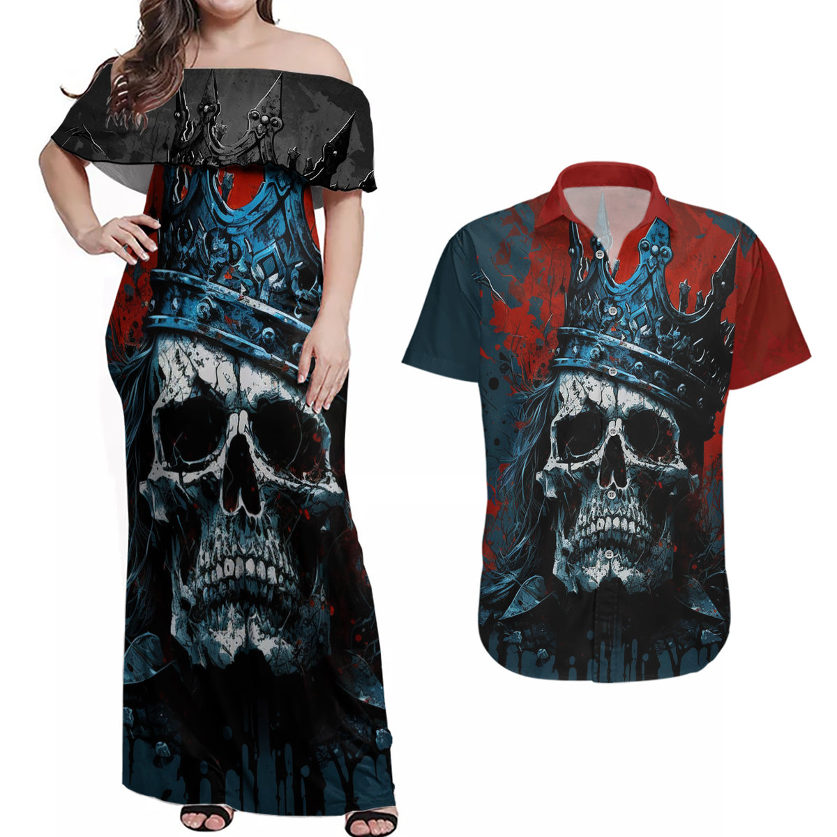 Skull King Couples Matching Off Shoulder Maxi Dress and Hawaiian Shirt The Time Is Always Right To Do What Is Right - Wonder Print Shop