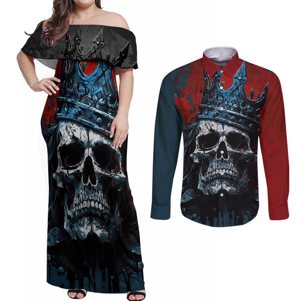 Skull King Couples Matching Off Shoulder Maxi Dress and Long Sleeve Button Shirts The Time Is Always Right To Do What Is Right - Wonder Print Shop