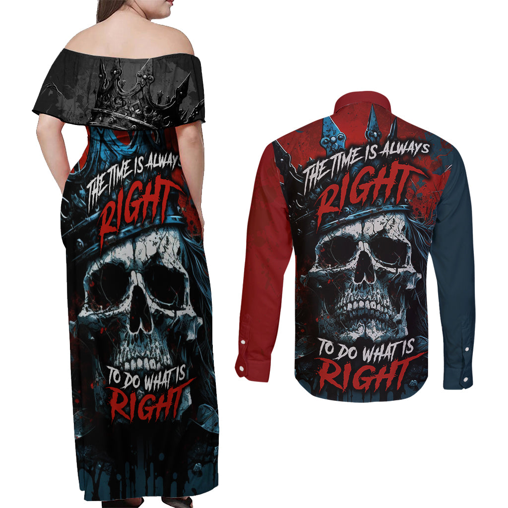 Skull King Couples Matching Off Shoulder Maxi Dress and Long Sleeve Button Shirts The Time Is Always Right To Do What Is Right - Wonder Print Shop
