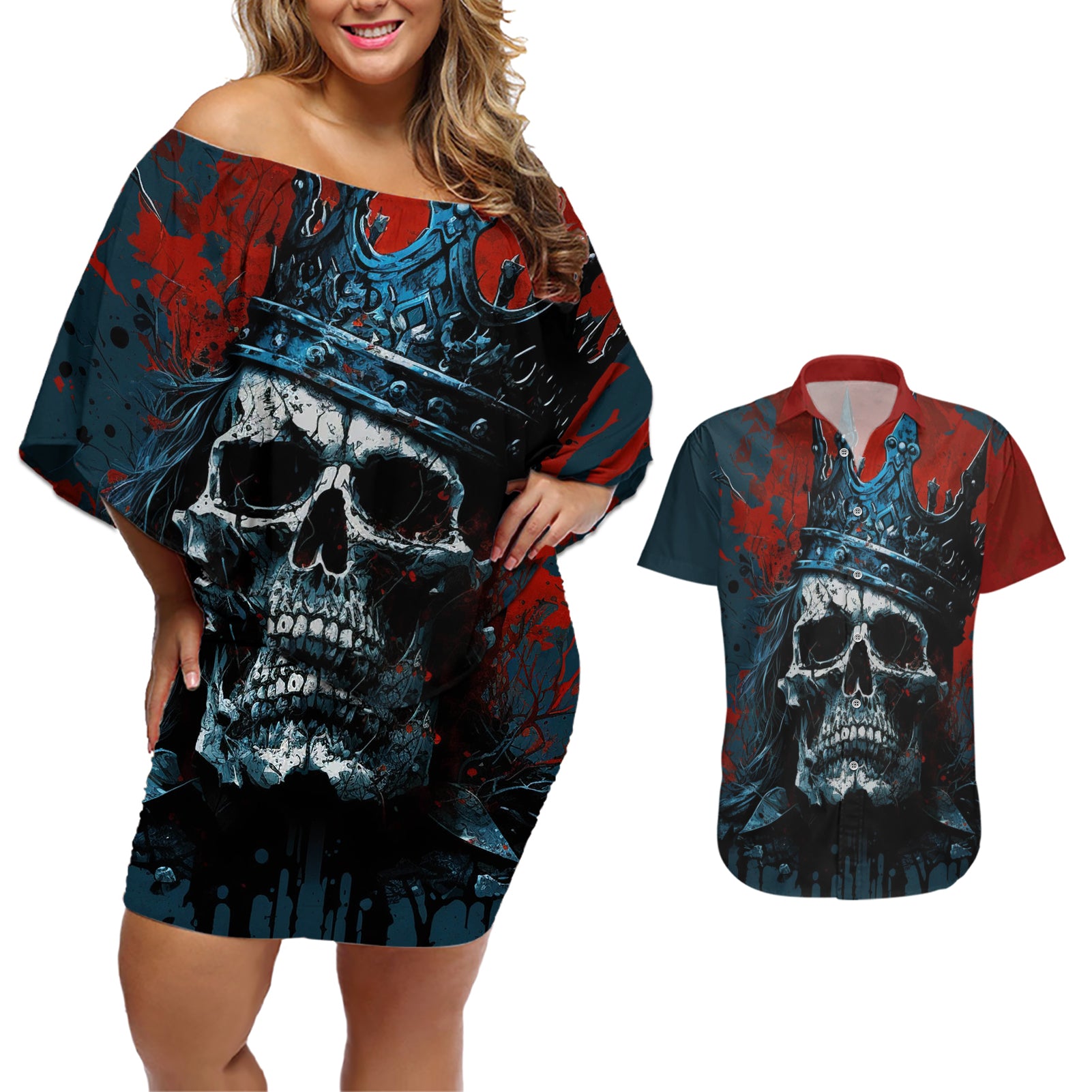 Skull King Couples Matching Off Shoulder Short Dress and Hawaiian Shirt The Time Is Always Right To Do What Is Right - Wonder Print Shop