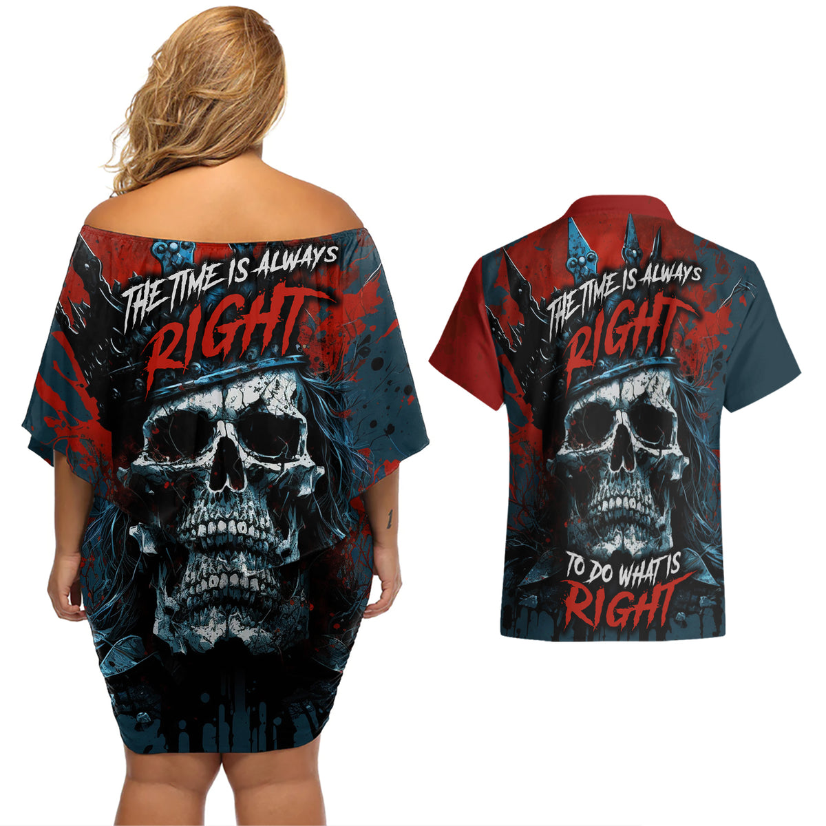 Skull King Couples Matching Off Shoulder Short Dress and Hawaiian Shirt The Time Is Always Right To Do What Is Right - Wonder Print Shop