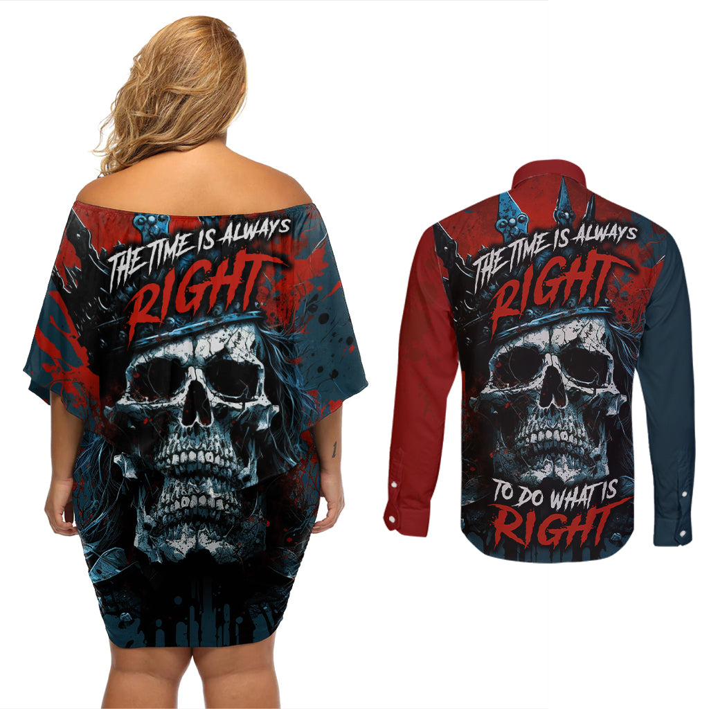 Skull King Couples Matching Off Shoulder Short Dress and Long Sleeve Button Shirts The Time Is Always Right To Do What Is Right - Wonder Print Shop