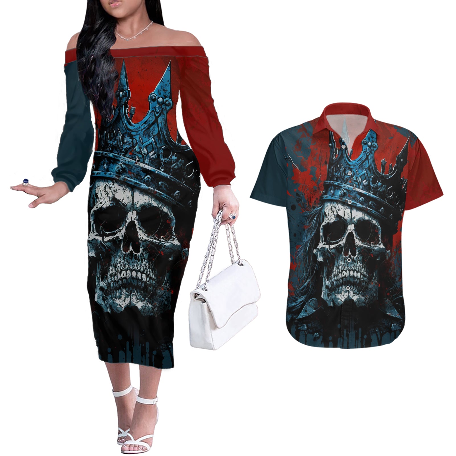 Skull King Couples Matching Off The Shoulder Long Sleeve Dress and Hawaiian Shirt The Time Is Always Right To Do What Is Right - Wonder Print Shop