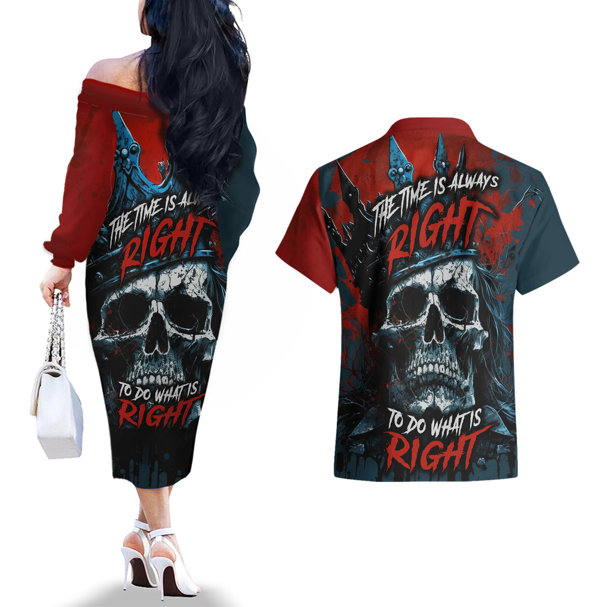 Skull King Couples Matching Off The Shoulder Long Sleeve Dress and Hawaiian Shirt The Time Is Always Right To Do What Is Right - Wonder Print Shop