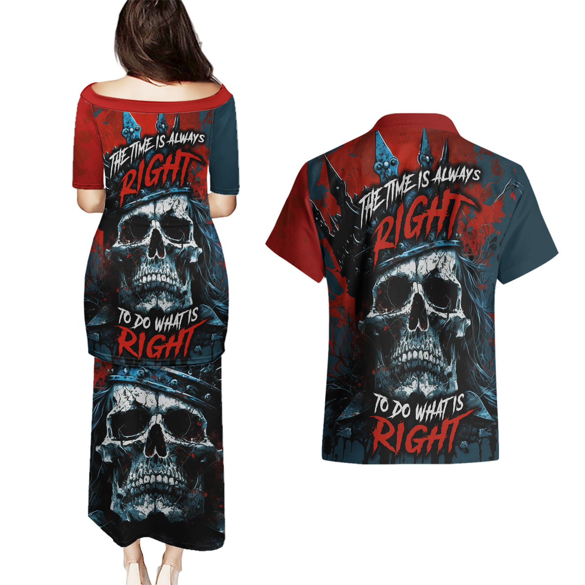 Skull King Couples Matching Puletasi Dress and Hawaiian Shirt The Time Is Always Right To Do What Is Right - Wonder Print Shop
