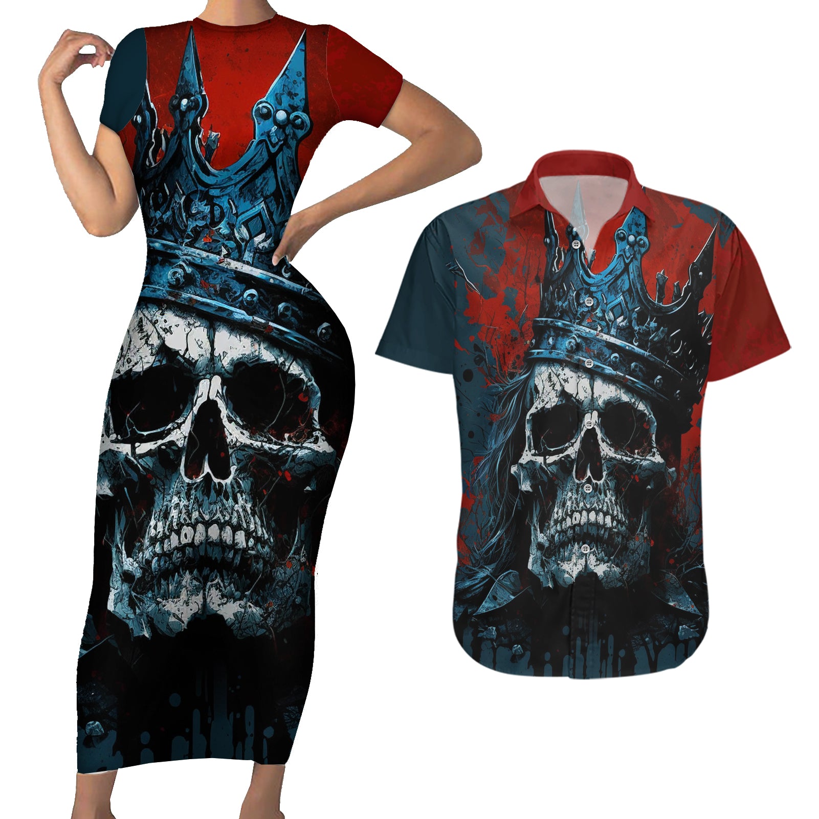 Skull King Couples Matching Short Sleeve Bodycon Dress and Hawaiian Shirt The Time Is Always Right To Do What Is Right - Wonder Print Shop