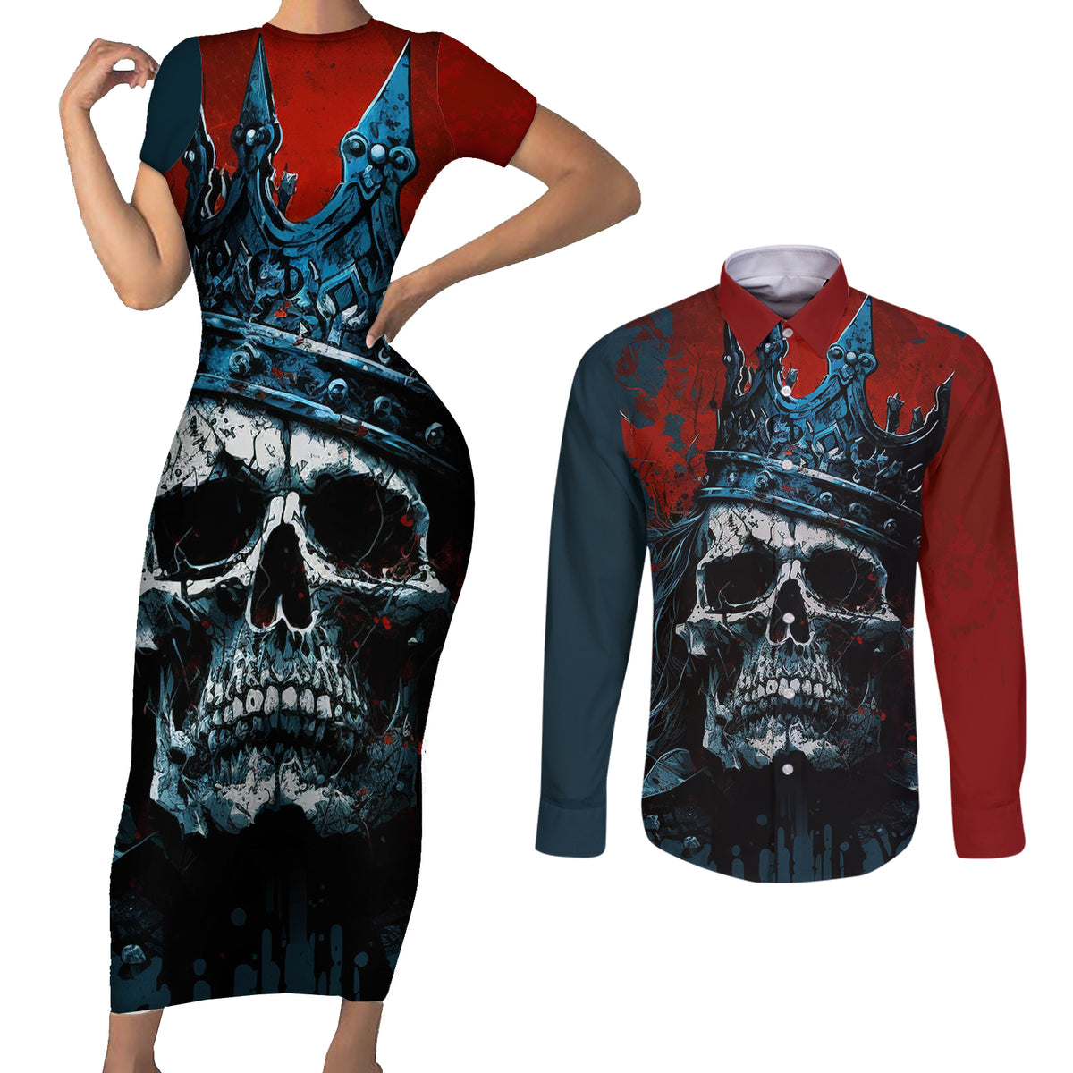 Skull King Couples Matching Short Sleeve Bodycon Dress and Long Sleeve Button Shirts The Time Is Always Right To Do What Is Right - Wonder Print Shop