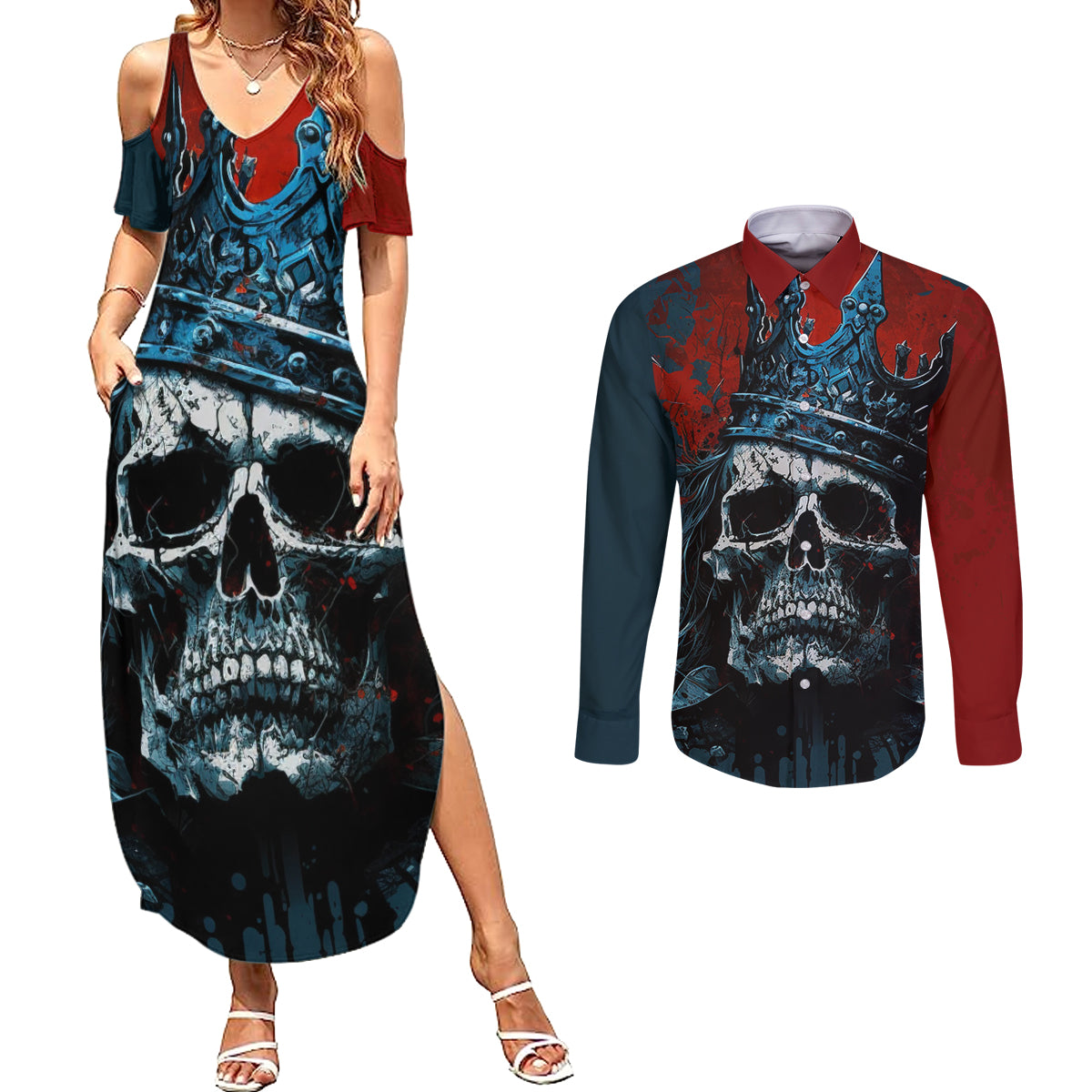 Skull King Couples Matching Summer Maxi Dress and Long Sleeve Button Shirts The Time Is Always Right To Do What Is Right - Wonder Print Shop
