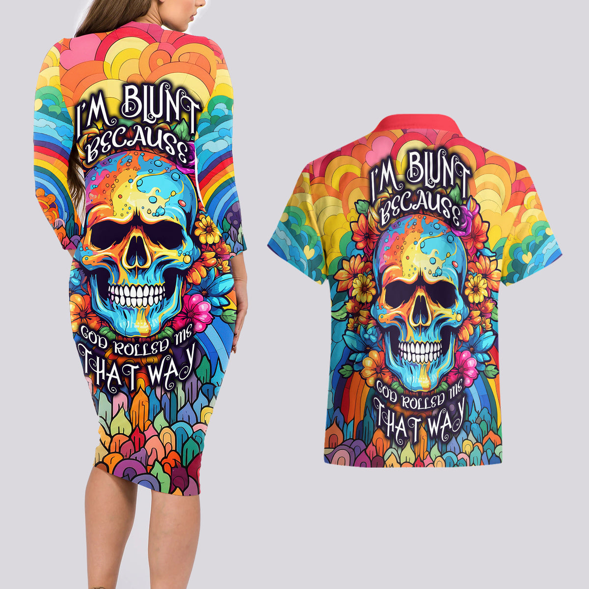 Floral Skull Couples Matching Long Sleeve Bodycon Dress and Hawaiian Shirt I'm Blunt because god rolled me that way - Wonder Print Shop