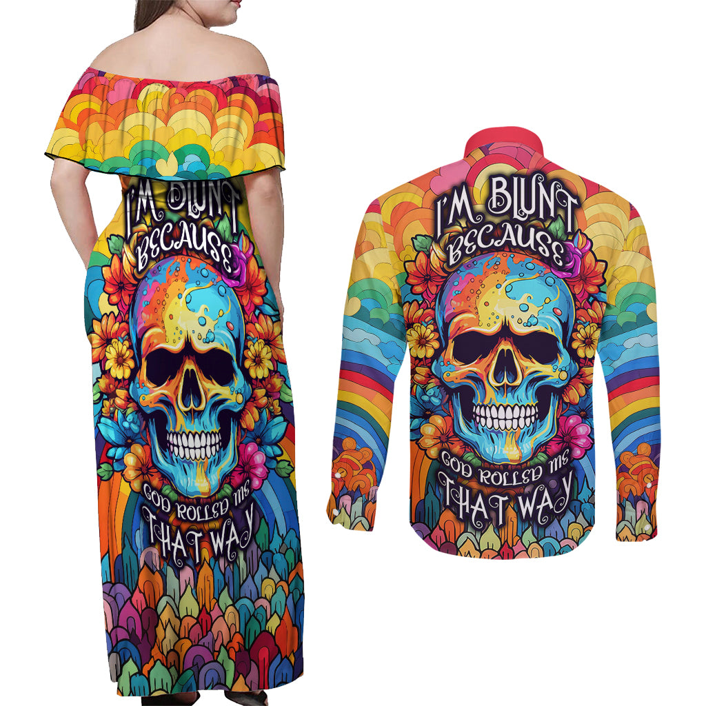 Floral Skull Couples Matching Off Shoulder Maxi Dress and Long Sleeve Button Shirts I'm Blunt because god rolled me that way - Wonder Print Shop