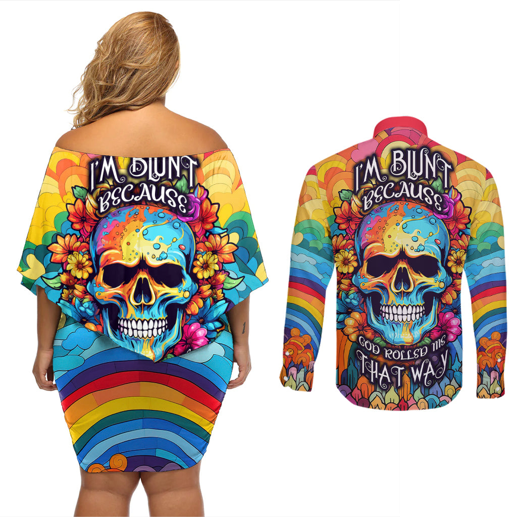 Floral Skull Couples Matching Off Shoulder Short Dress and Long Sleeve Button Shirts I'm Blunt because god rolled me that way - Wonder Print Shop