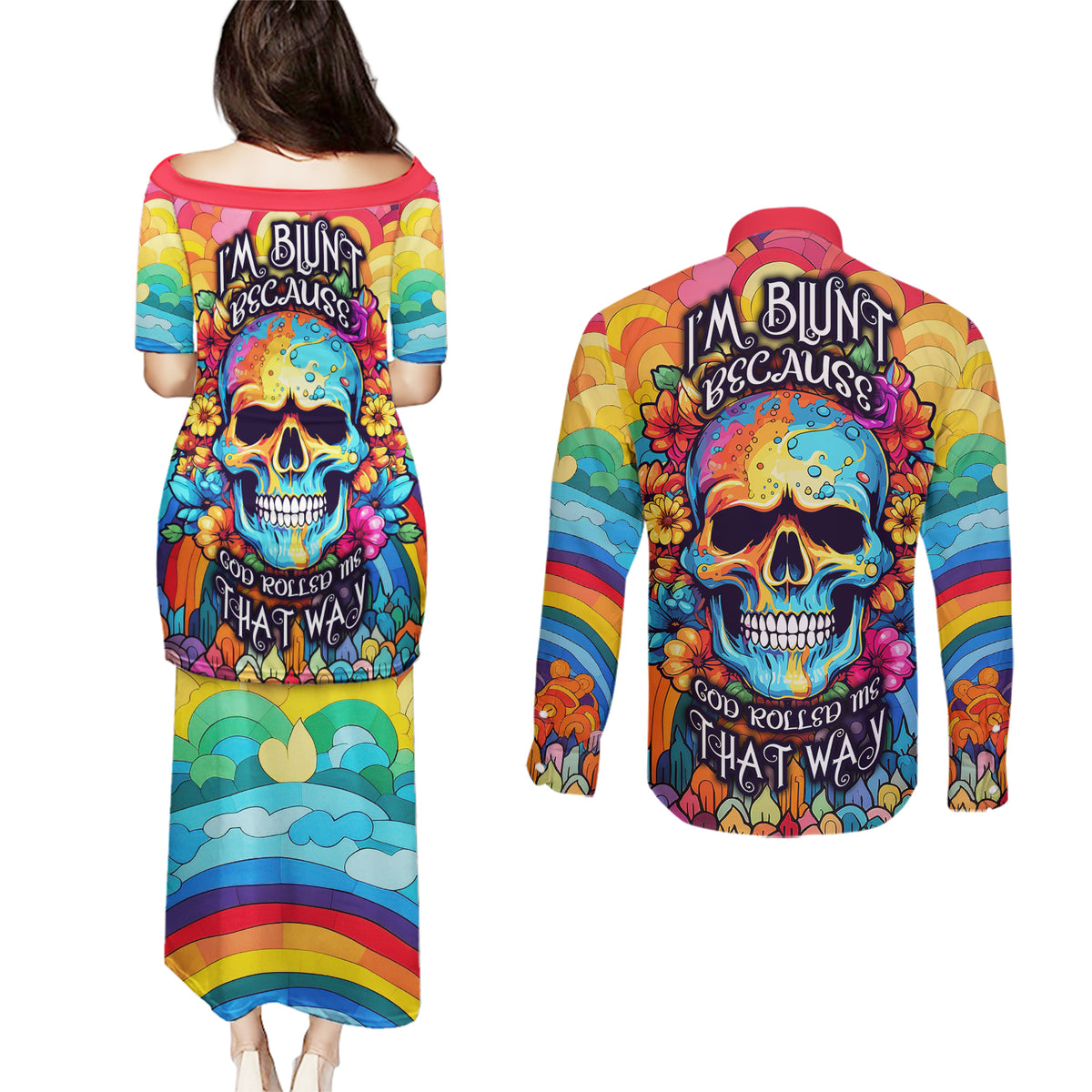 Floral Skull Couples Matching Puletasi Dress and Long Sleeve Button Shirts I'm Blunt because god rolled me that way - Wonder Print Shop