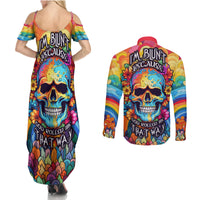 Floral Skull Couples Matching Summer Maxi Dress and Long Sleeve Button Shirts I'm Blunt because god rolled me that way - Wonder Print Shop