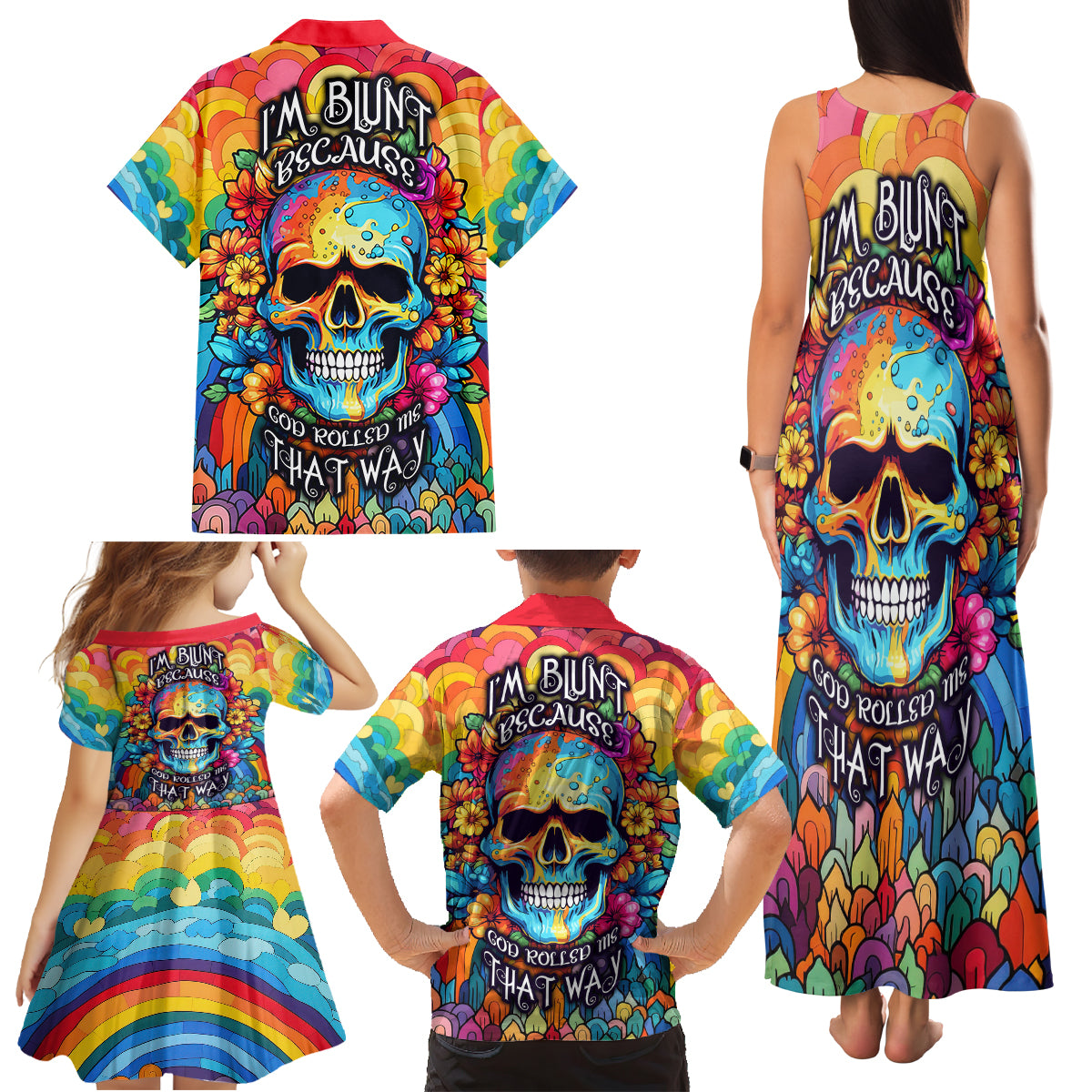 Floral Skull Family Matching Tank Maxi Dress and Hawaiian Shirt I'm Blunt because god rolled me that way - Wonder Print Shop