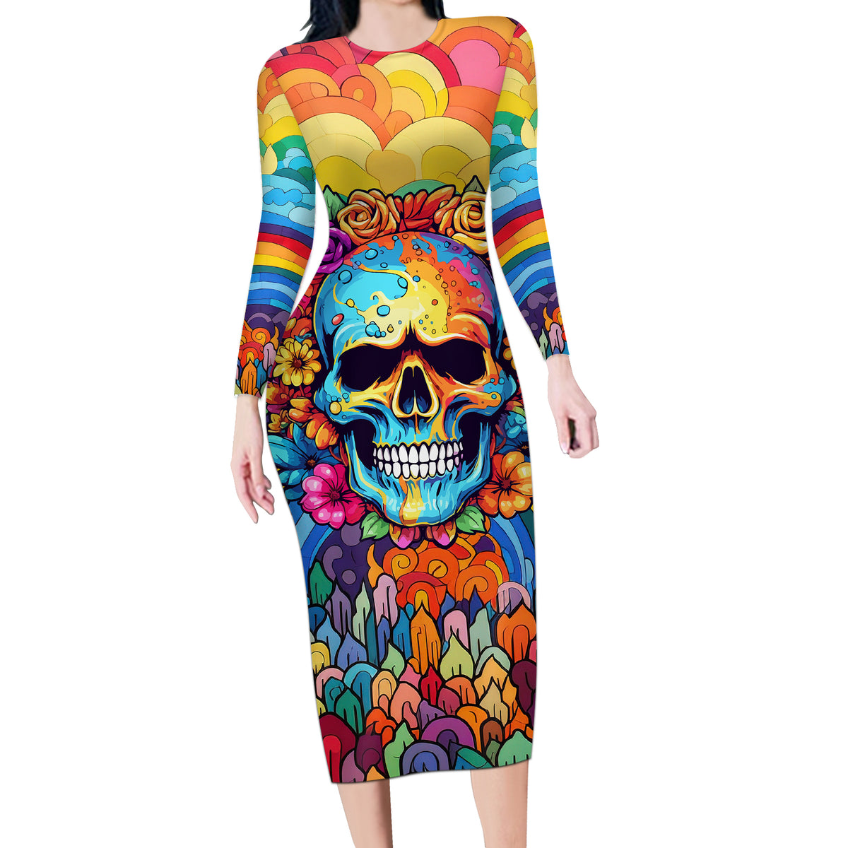 Floral Skull Long Sleeve Bodycon Dress I'm Blunt because god rolled me that way - Wonder Print Shop