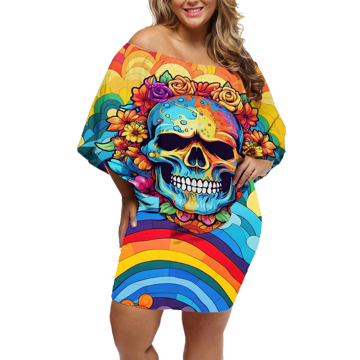 Floral Skull Off Shoulder Short Dress I'm Blunt because god rolled me that way - Wonder Print Shop
