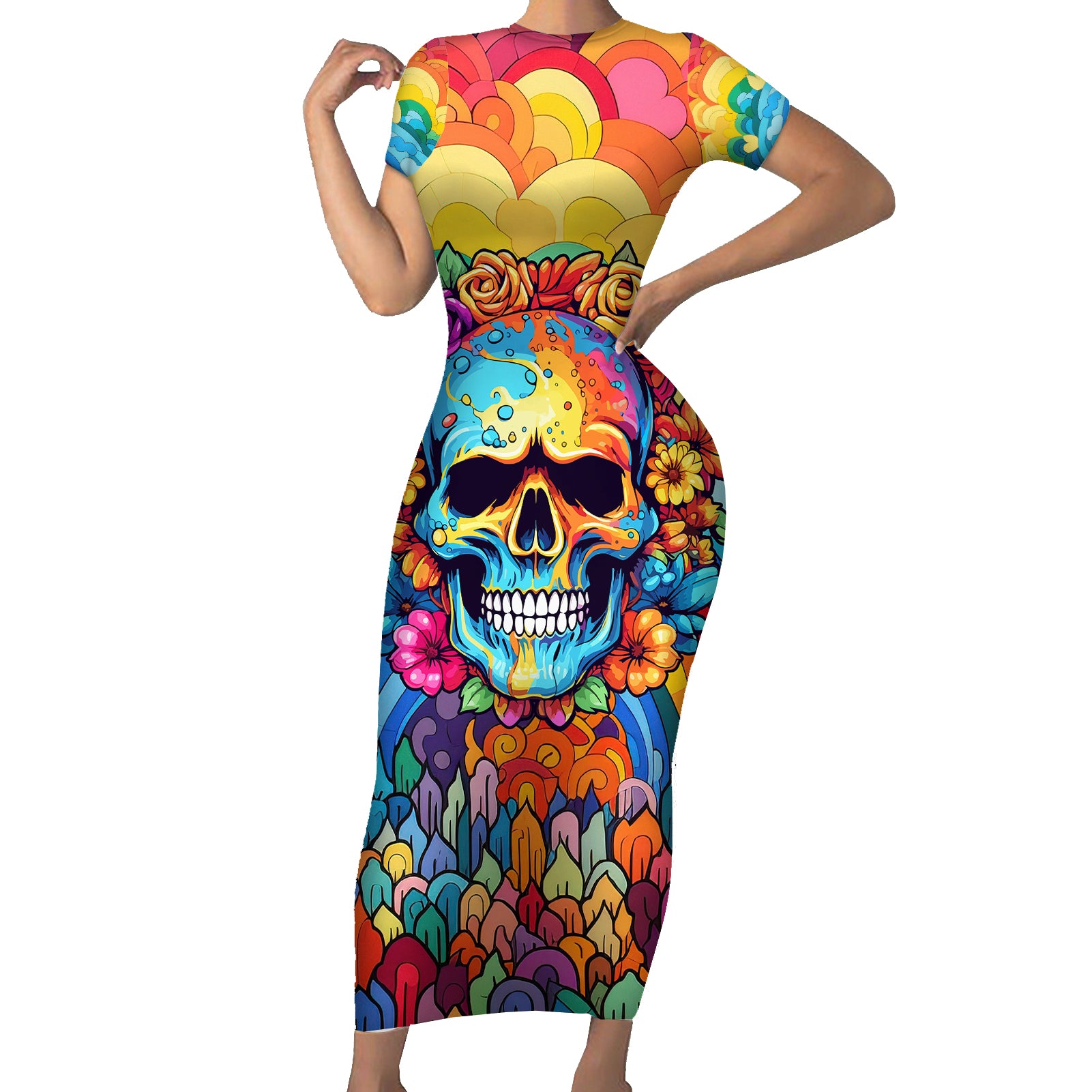 Floral Skull Short Sleeve Bodycon Dress I'm Blunt because god rolled me that way - Wonder Print Shop