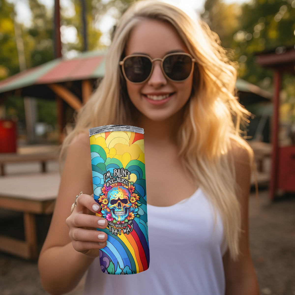 Floral Skull Skinny Tumbler I'm Blunt because god rolled me that way - Wonder Print Shop