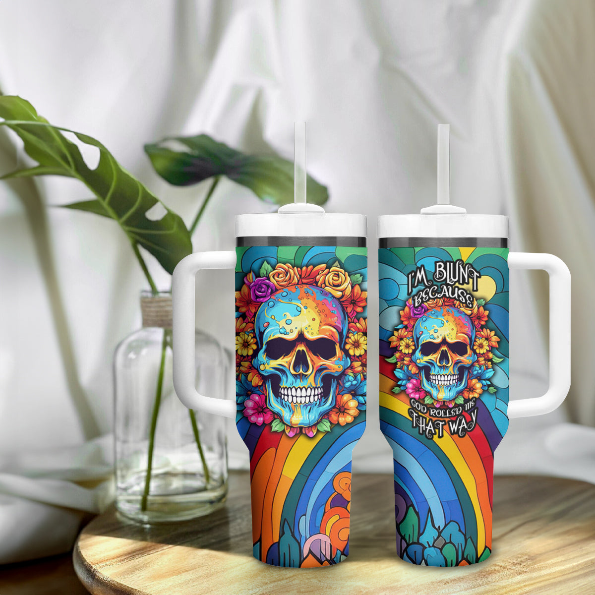 Floral Skull Tumbler With Handle I'm Blunt because god rolled me that way - Wonder Print Shop