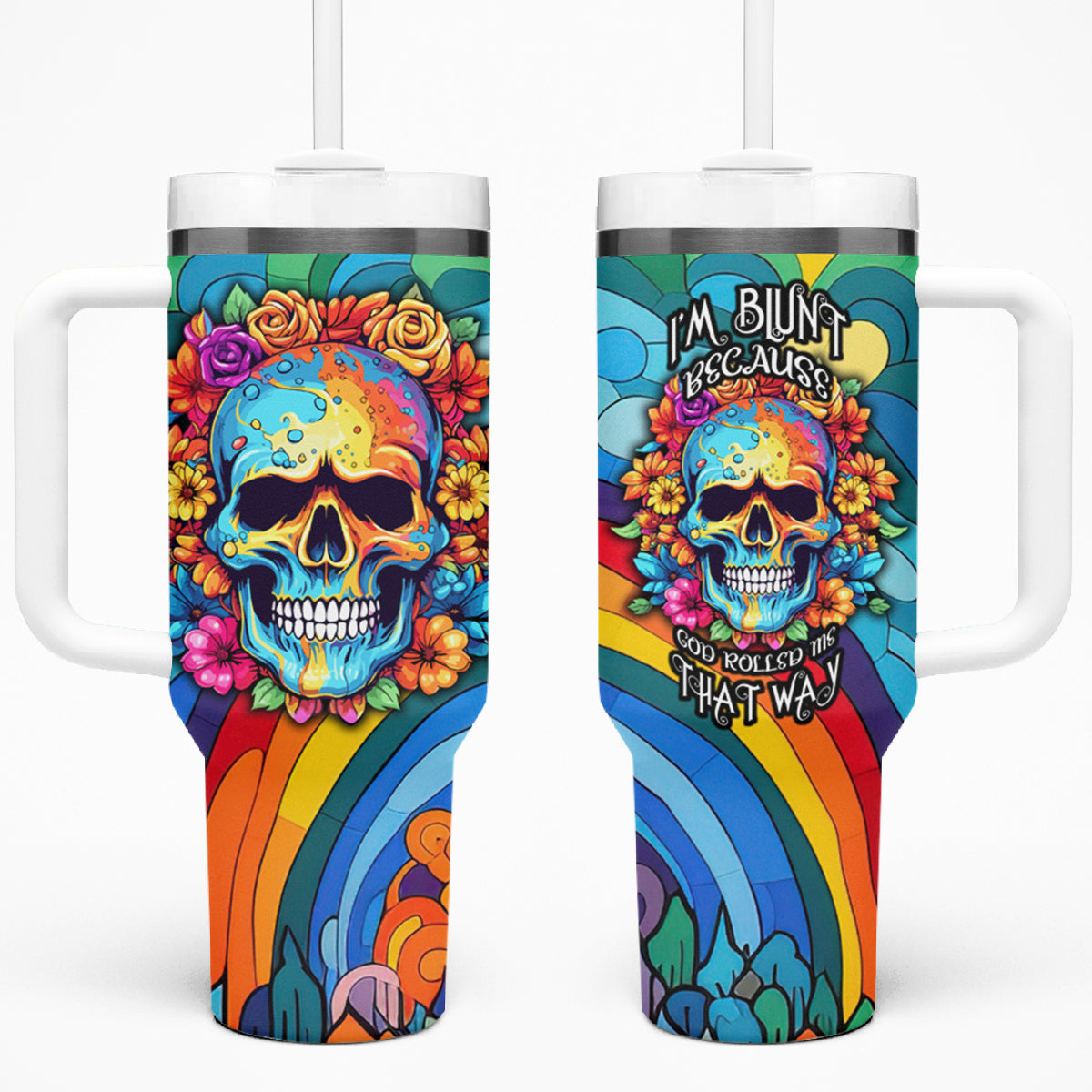 Floral Skull Tumbler With Handle I'm Blunt because god rolled me that way - Wonder Print Shop