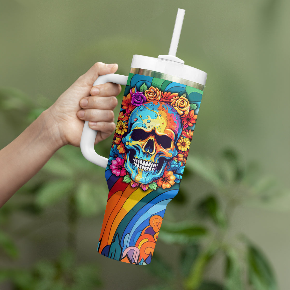 Floral Skull Tumbler With Handle I'm Blunt because god rolled me that way - Wonder Print Shop