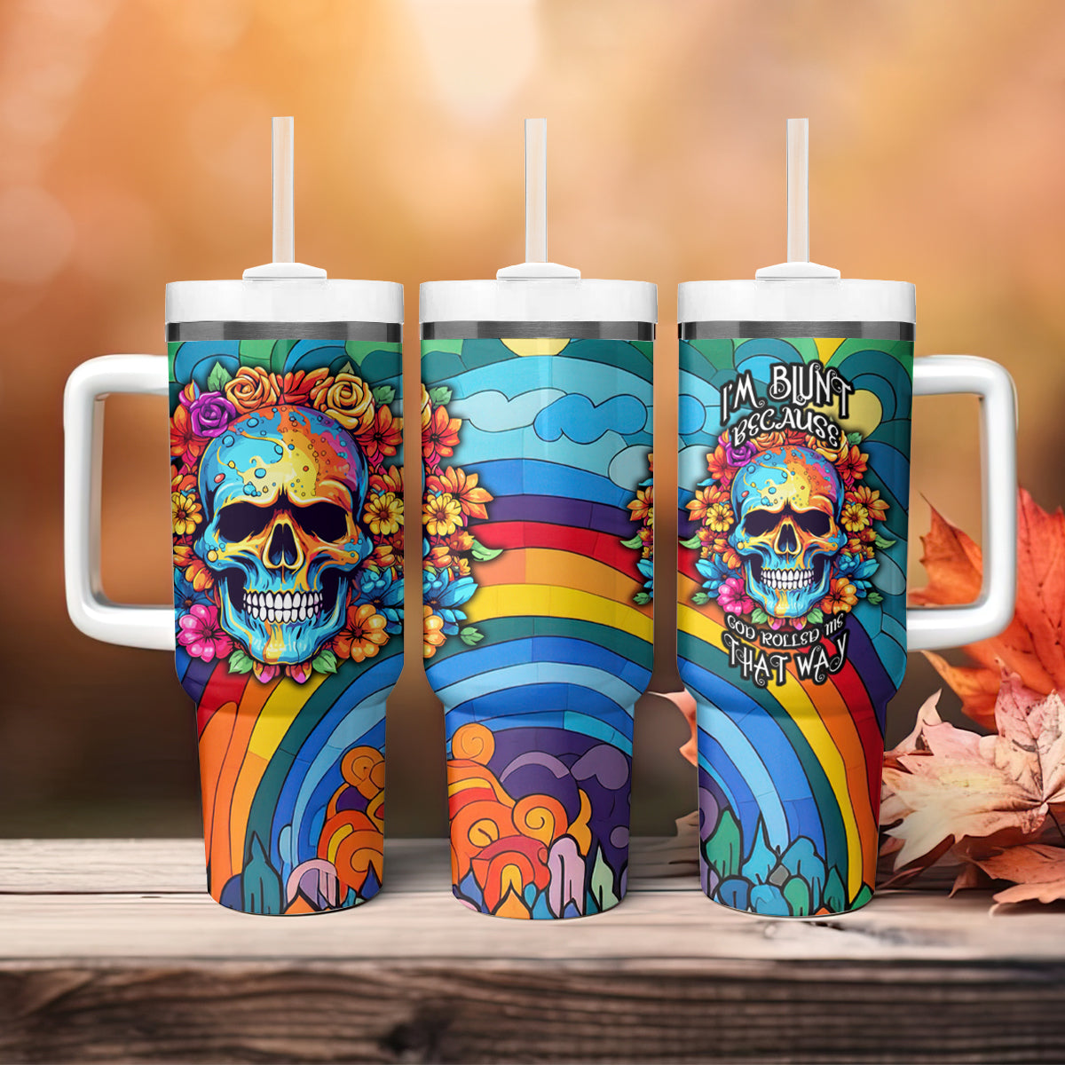 Floral Skull Tumbler With Handle I'm Blunt because god rolled me that way - Wonder Print Shop