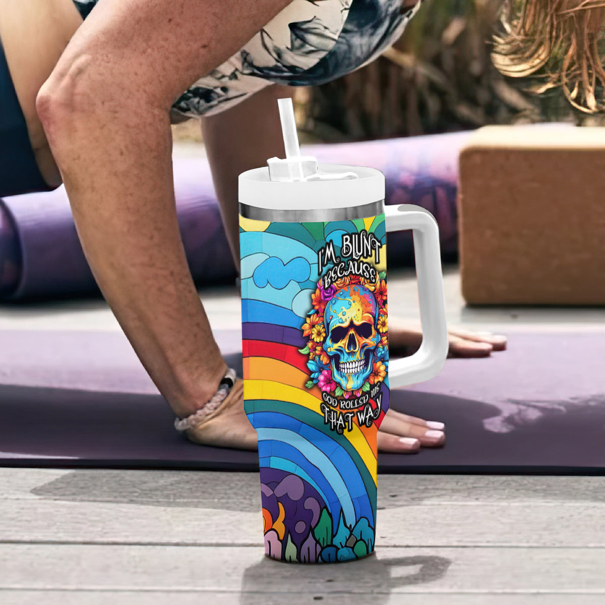 Floral Skull Tumbler With Handle I'm Blunt because god rolled me that way - Wonder Print Shop